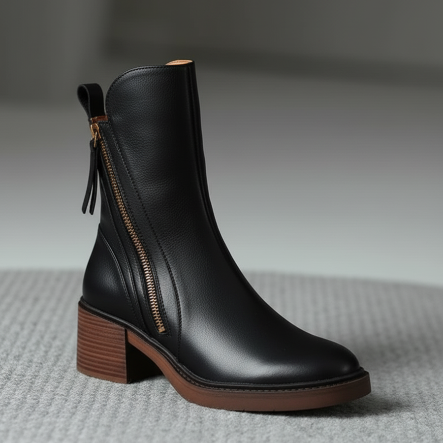 Valorine™ | Svart läderkänga med bekväm klack, elegant och tidlös