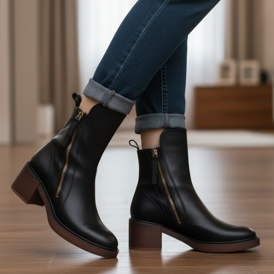 Valorine™ | Svart läderkänga med bekväm klack, elegant och tidlös